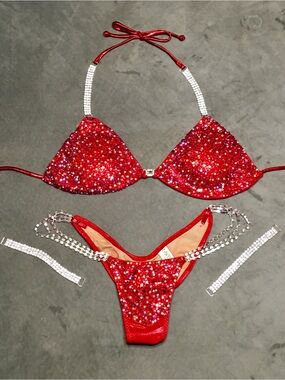 Red Bubbles Deluxe Luxe Colored Crystal Upgrade Bikini Competition Suit!